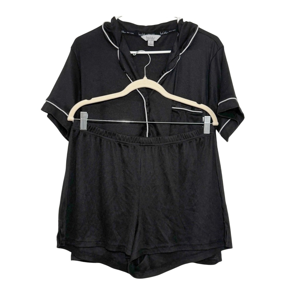 Nicole Miller New York Pajama Set Black Ribbed Short Sleeve Button Top Shorts L